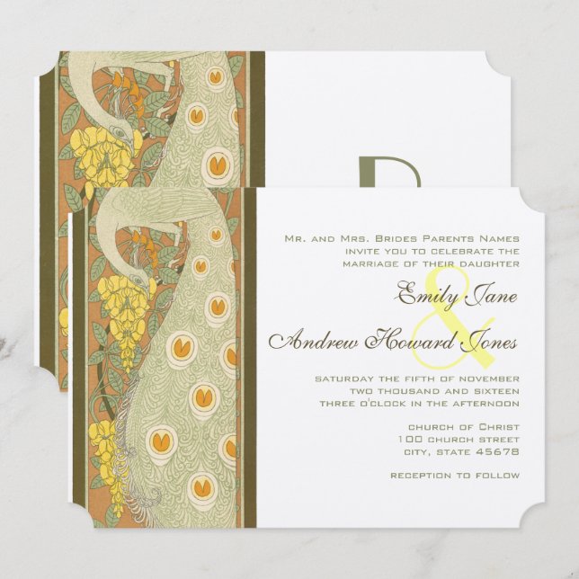 Art Nouveau Peacock Birds Wedding Invitation (Front/Back)