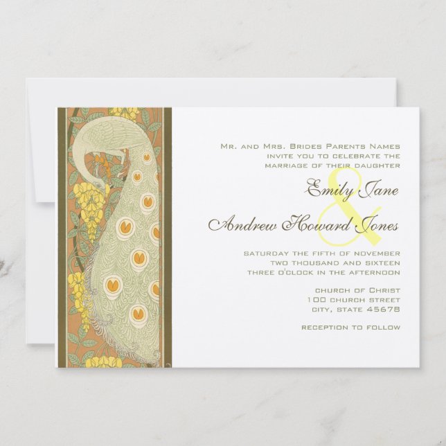 Art Nouveau Peacock Birds Wedding Invitation 2 (Front)