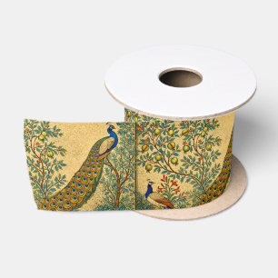 Art Nouveau Peacock Botanical Illustration Satin Ribbon