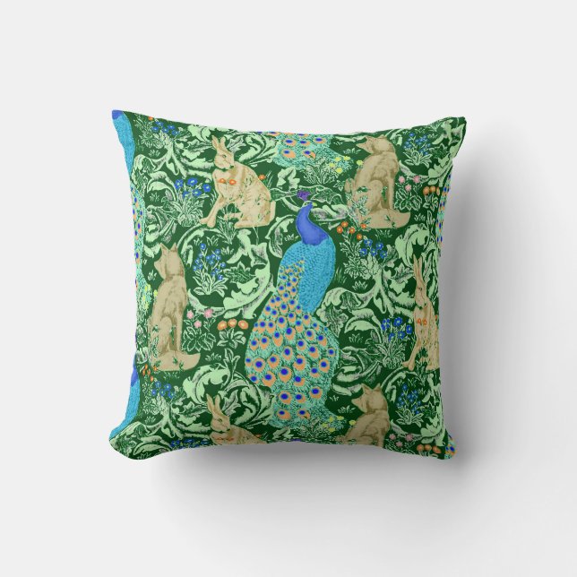 Art Nouveau Peacock, Cobalt Blue & Green Cushion (Front)