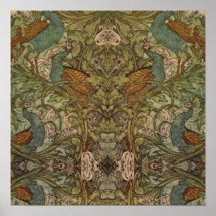 Art nouveau peacock floral jacquard poster