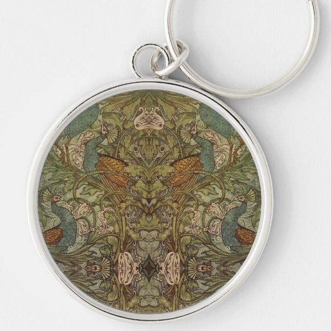 Art nouveau peacock floral jacquard tapestry  key ring (Front)