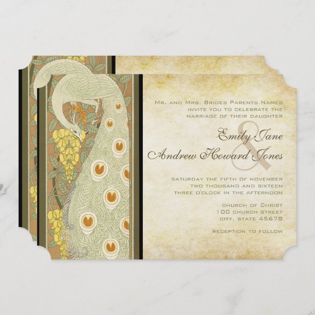 Art Nouveau Peacock Love Birds Wedding Invitation (Front/Back)