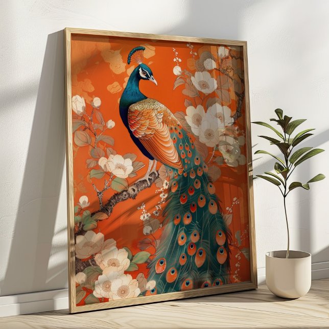 Art Nouveau Peacock on Orange Floral  Poster (Creator Uploaded)