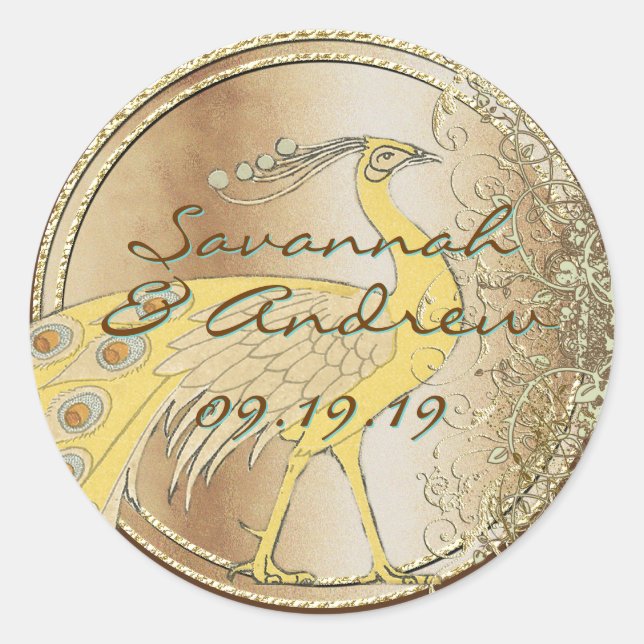 Art Nouveau Peacock Parade Classic Round Sticker (Front)