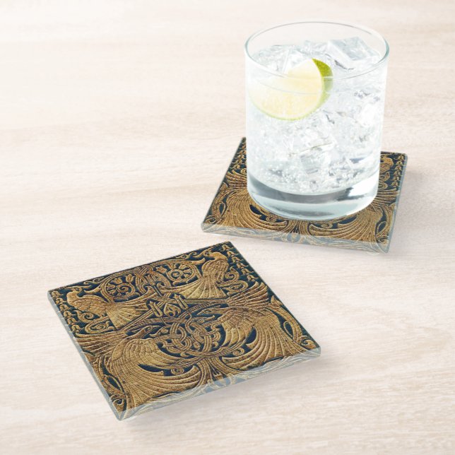 Art Nouveau Peacock Poetry Glass Coaster (Angled)
