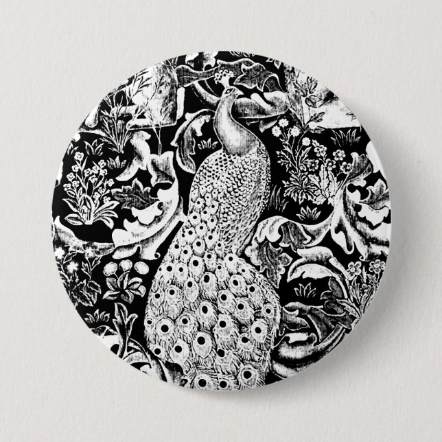 Art Nouveau Peacock Print, Black and White 7.5 Cm Round Badge (Front)