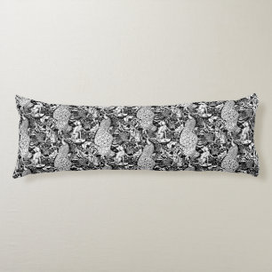Art Nouveau Peacock Print, Black and White Body Cushion