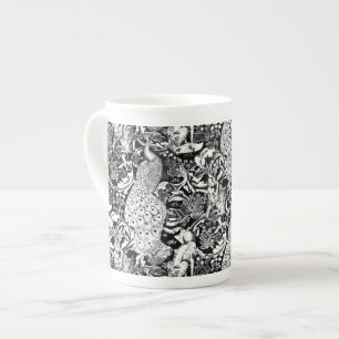 Art Nouveau Peacock Print, Black and White Bone China Mug