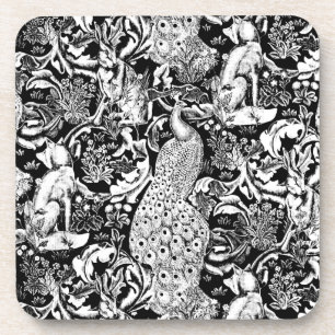 Art Nouveau Peacock Print, Black and White Coaster