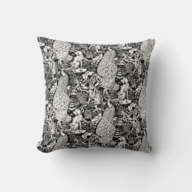 Art Nouveau Peacock Print, Black and White Cushion (Front)