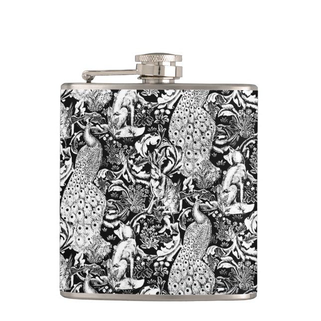 Art Nouveau Peacock Print, Black and White Hip Flask (Front)