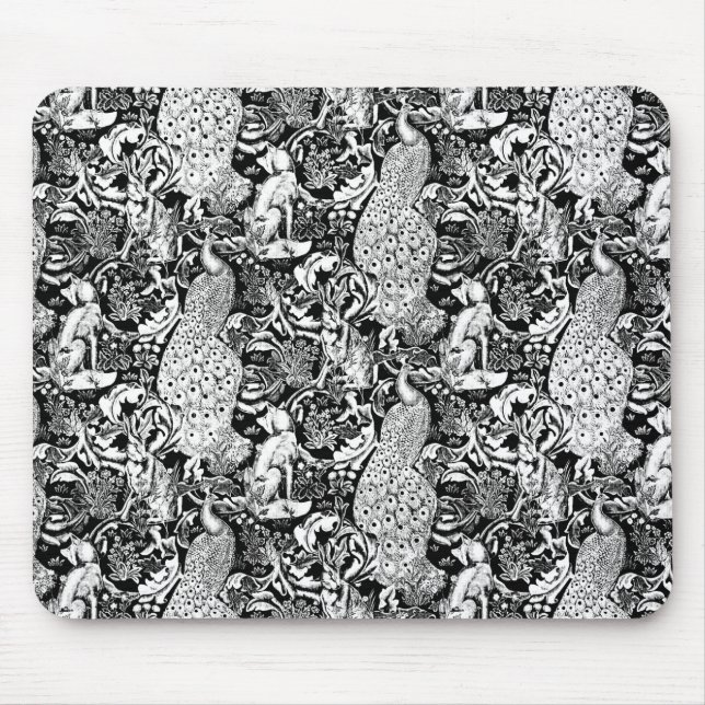 Art Nouveau Peacock Print, Black and White Mouse Mat (Front)