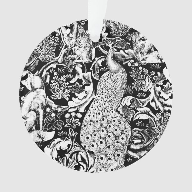 Art Nouveau Peacock Print, Black and White Ornament (Front)