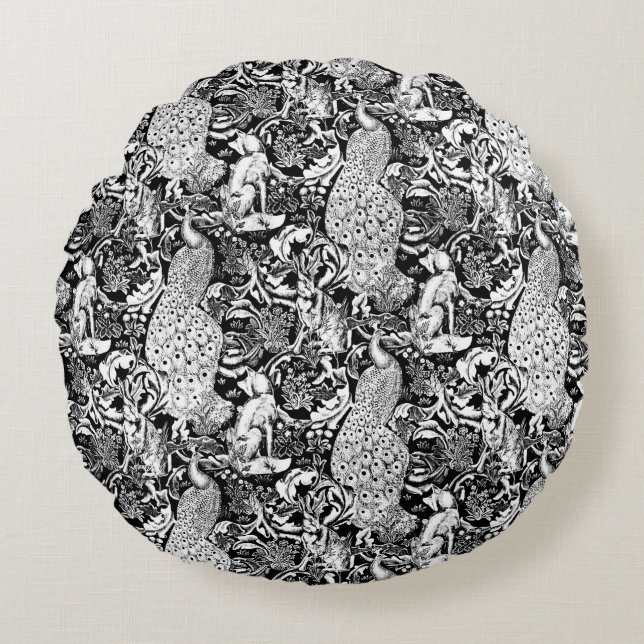 Art Nouveau Peacock Print, Black and White Round Cushion (Front)