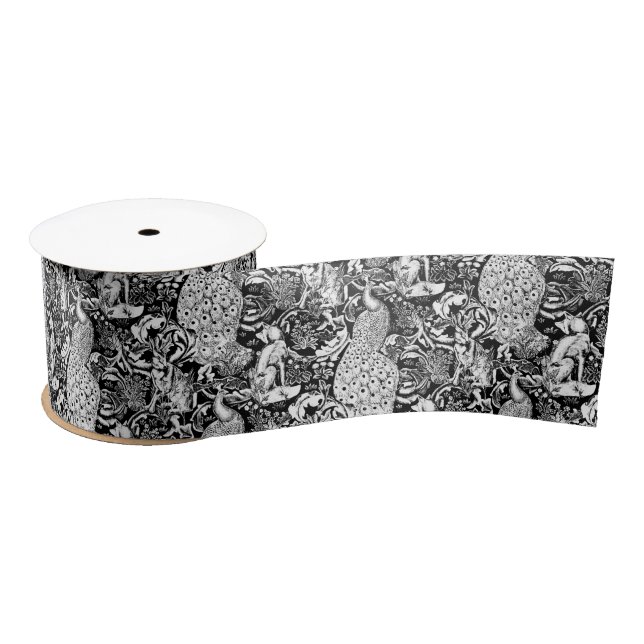 Art Nouveau Peacock Print, Black and White Satin Ribbon (Spool)