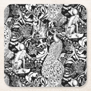 Art Nouveau Peacock Print, Black and White Square Paper Coaster