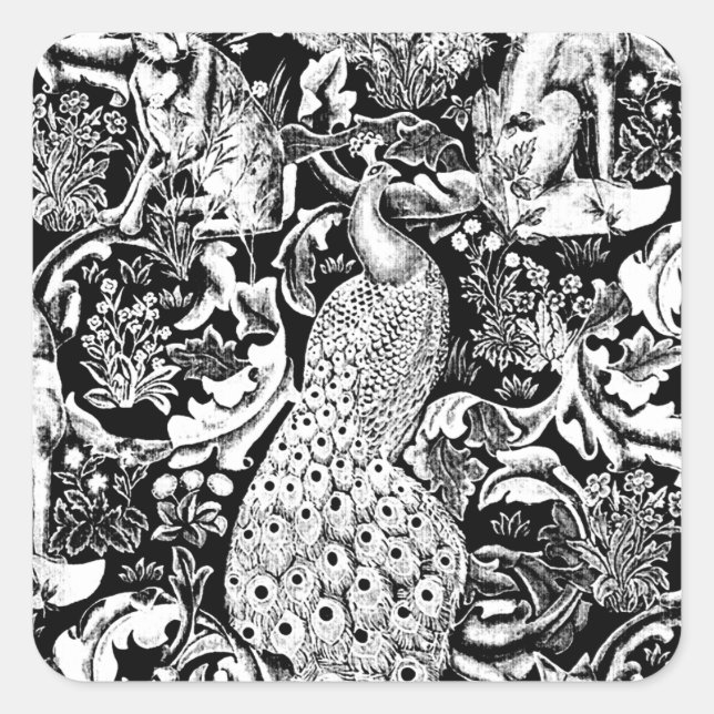 Art Nouveau Peacock Print, Black and White Square Sticker (Front)