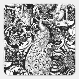 Art Nouveau Peacock Print, Black and White Square Sticker