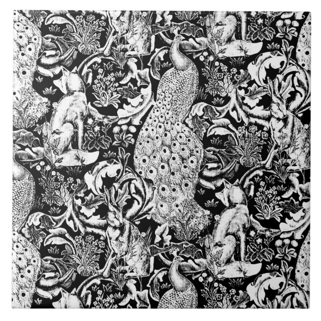 Art Nouveau Peacock Print, Black and White Tile (Front)
