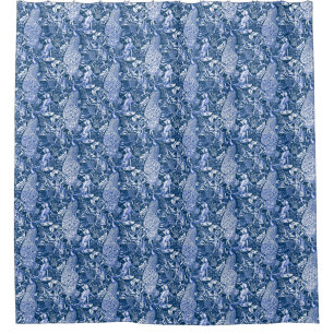 Art Nouveau Peacock Print, Blue and White Shower Curtain