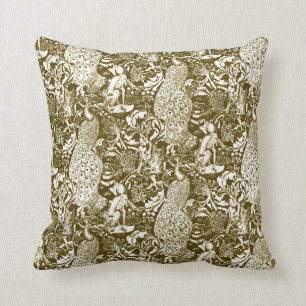 Art Nouveau Peacock Print, Brown and Cream Cushion