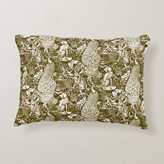 Art Nouveau Peacock Print, Brown and Cream Decorative Cushion (Back)