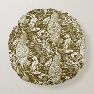Art Nouveau Peacock Print, Brown and Cream Round Cushion