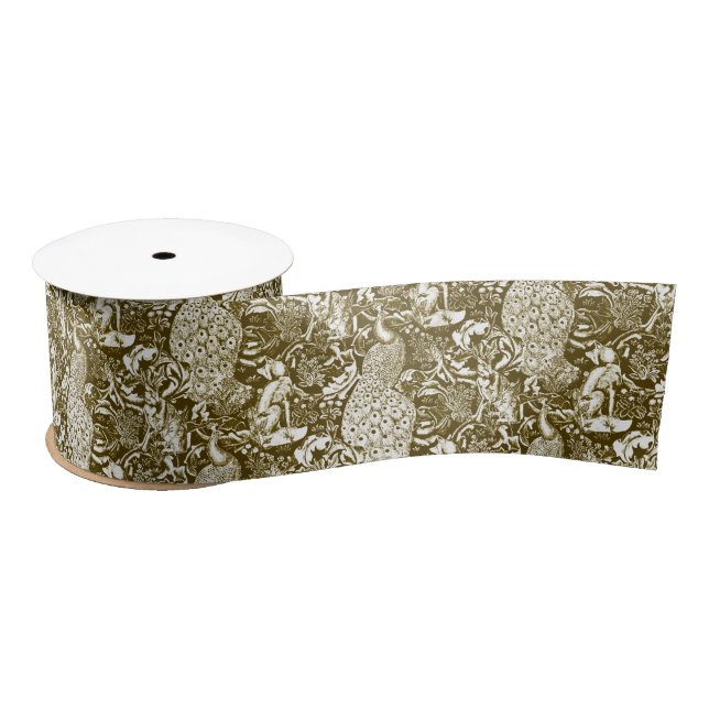 Art Nouveau Peacock Print, Brown and Cream Satin Ribbon (Spool)