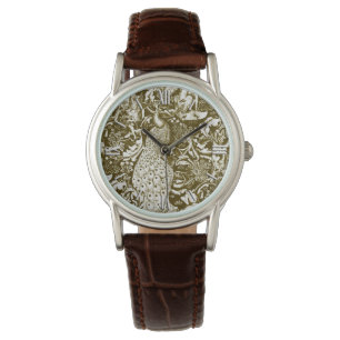 Art Nouveau Peacock Print, Brown and Cream Watch