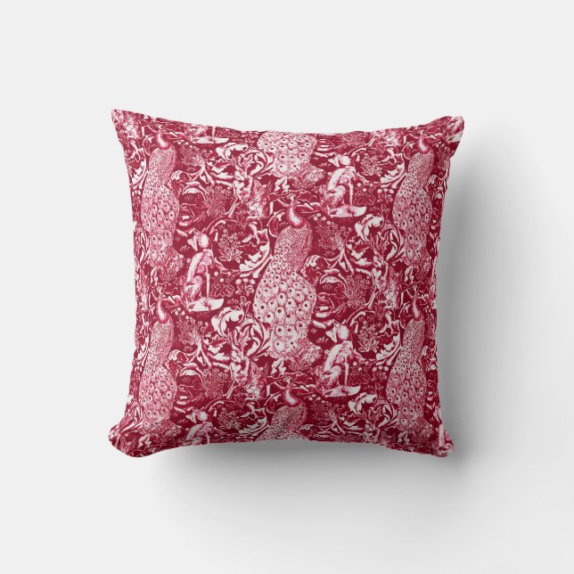 Art Nouveau Peacock Print, Burgundy Wine Cushion (Front)