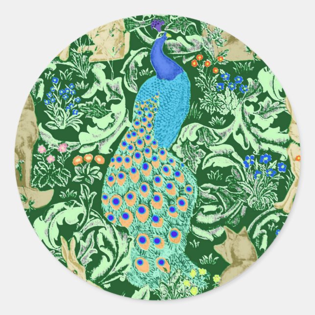 Art Nouveau Peacock Print, Cobalt Blue & Green Classic Round Sticker (Front)