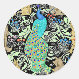 Art Nouveau Peacock Print, Cobalt Blue & Green Classic Round Sticker
