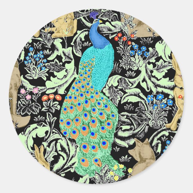 Art Nouveau Peacock Print, Cobalt Blue & Green Classic Round Sticker (Front)
