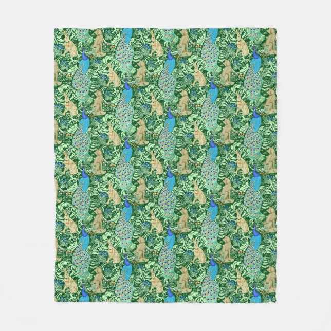 Art Nouveau Peacock Print, Cobalt Blue & Green Fleece Blanket (Front)