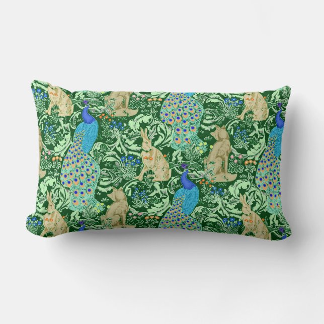 Art Nouveau Peacock Print, Cobalt Blue & Green Lumbar Cushion (Front)