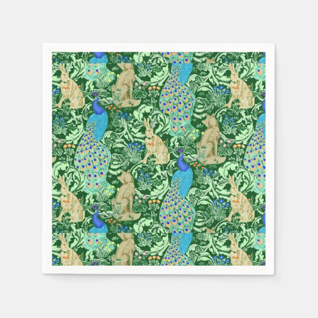 Art Nouveau Peacock Print, Cobalt Blue & Green Napkin (Front)