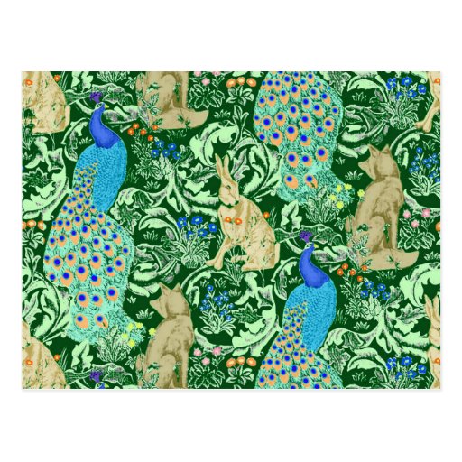 Image of Art Nouveau Peacock Print, Cobalt Blue & Green Postcard