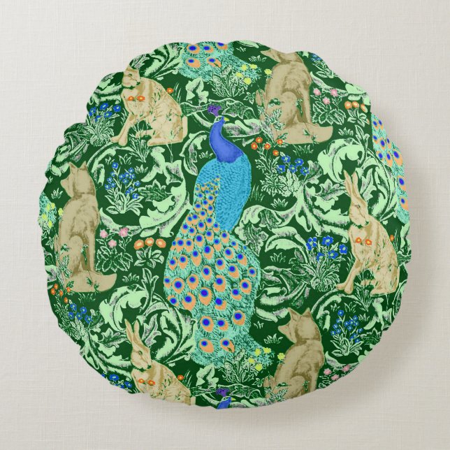 Art Nouveau Peacock Print, Cobalt Blue & Green Round Cushion (Front)
