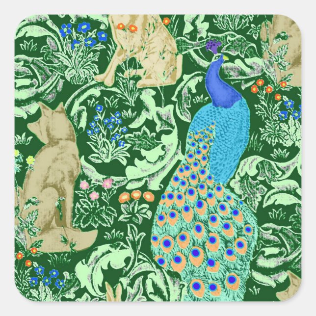 Art Nouveau Peacock Print, Cobalt Blue & Green Square Sticker (Front)