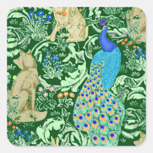 Art Nouveau Peacock Print, Cobalt Blue & Green Square Sticker