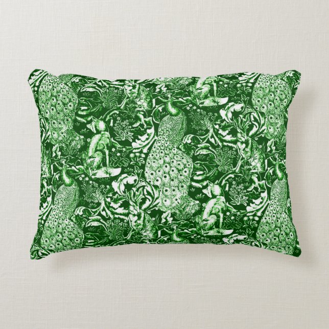 Art Nouveau Peacock Print, Forest Green Decorative Cushion (Front)
