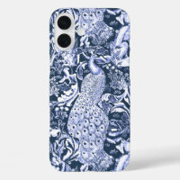 Art Nouveau Peacock Print, Navy and White