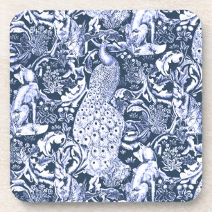 Art Nouveau Peacock Print, Navy and White Coaster