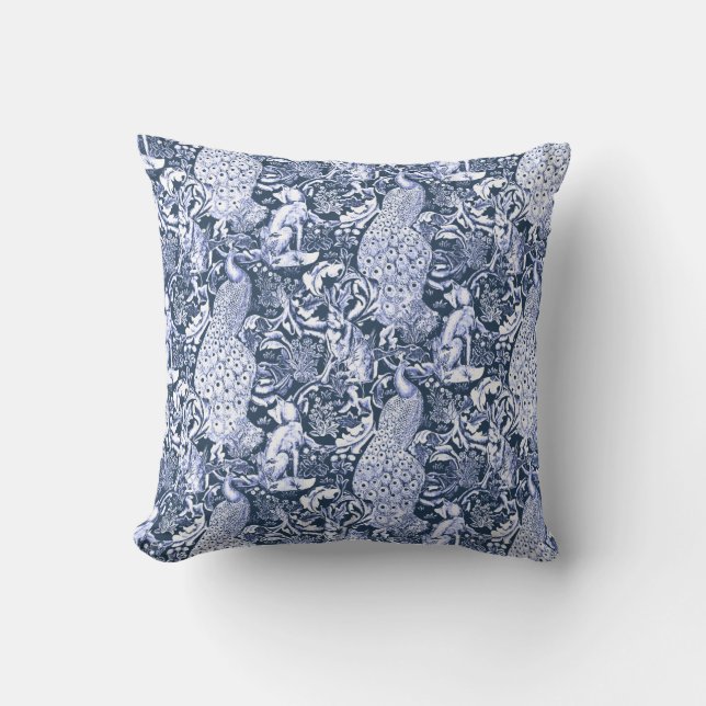 Art Nouveau Peacock Print, Navy and White Cushion (Front)