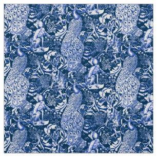 Art Nouveau Peacock Print, Navy and White Fabric