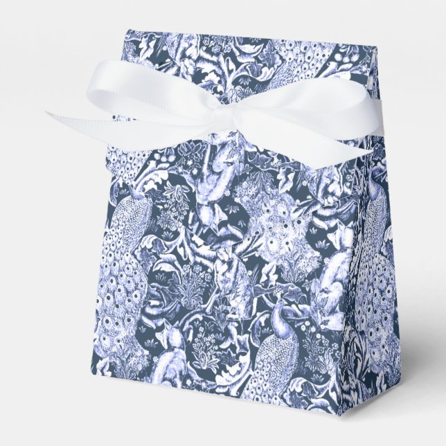 Art Nouveau Peacock Print, Navy and White Favour Box (Front Side)
