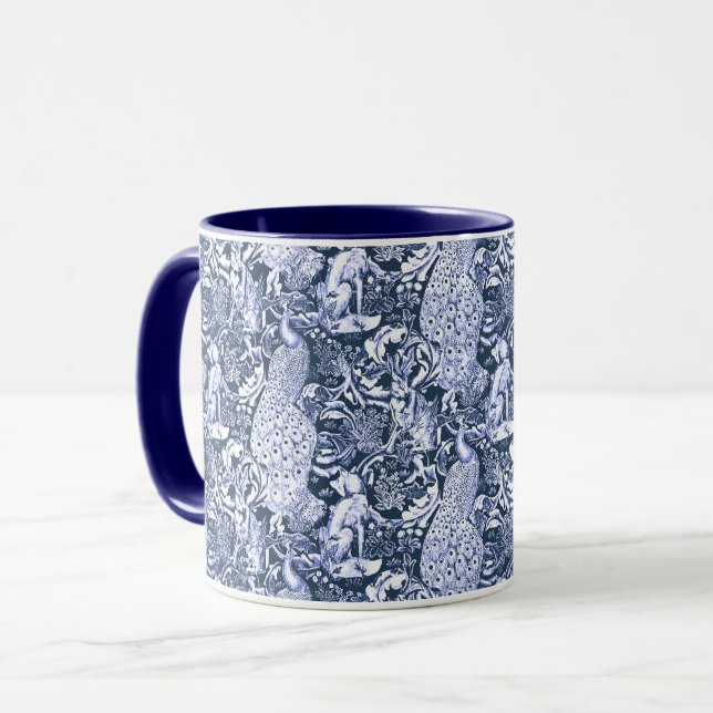 Art Nouveau Peacock Print, Navy and White Mug (Front Left)
