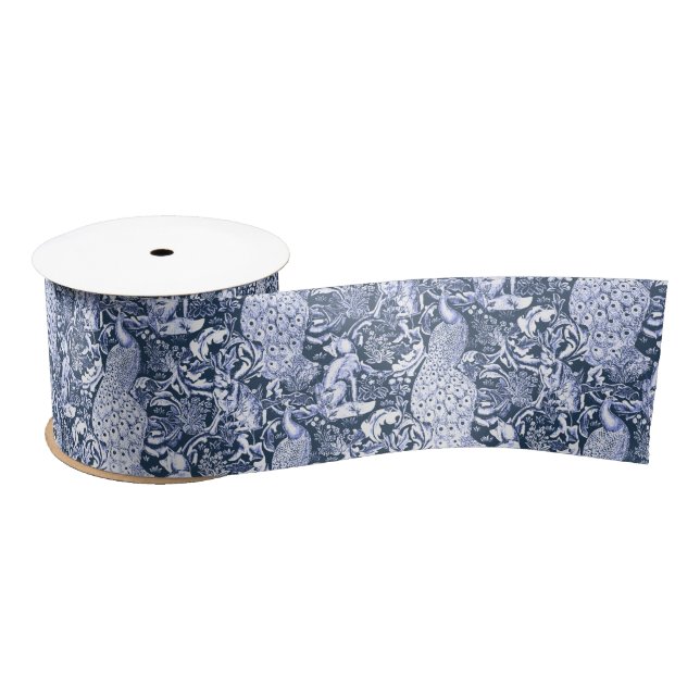 Art Nouveau Peacock Print, Navy and White Satin Ribbon (Spool)