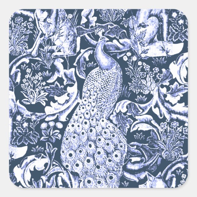 Art Nouveau Peacock Print, Navy and White Square Sticker (Front)